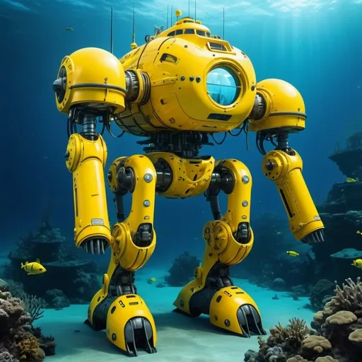 Prompt: Giant yellow underwater rescue mech, submarine-like design, industrial-grade metal body, powerful hydraulic arms, futuristic technology, ocean depths atmosphere, high quality, detailed, futuristic, yellow tones, underwater lighting