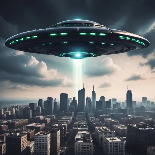 Prompt: UFO flying above city skyline 