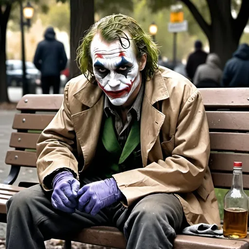 Prompt: Homeless Joker on park bench with booze in brown paper bag, detailed facial features, realistic oil painting, gritty urban setting, desaturated colors, dramatic lighting, rough textures, realistic, alcoholism, grungy, detailed expression, high contrast, city park, rough brushstrokes