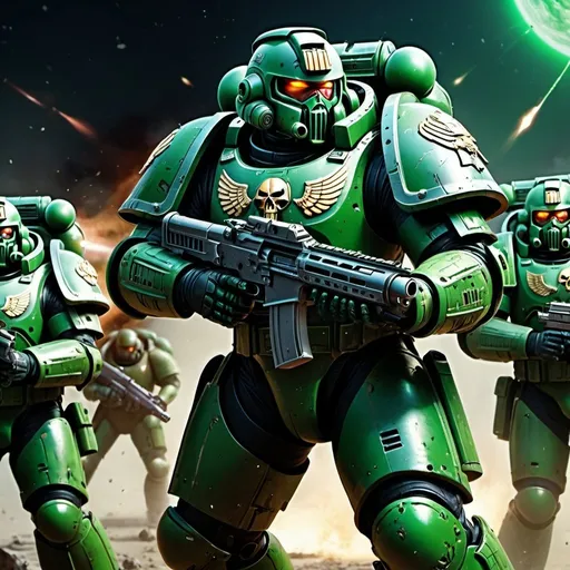 Prompt: Space marines in green camouflage armor, heavy laser gun, battlefield warfare, sci-fi, futuristic, detailed armor design, intense action, professional digital illustration, highres, ultra-detailed, military sci-fi, professional, futuristic lighting