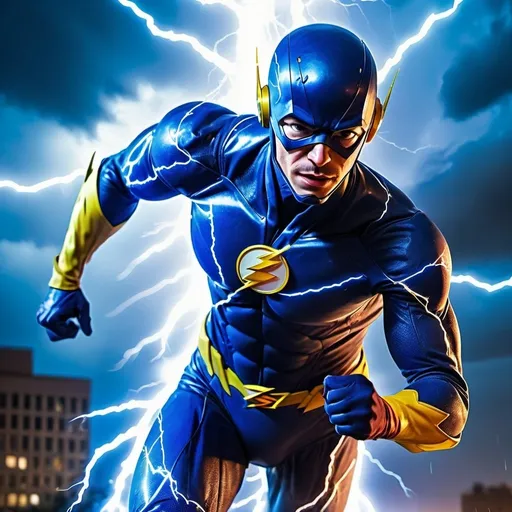 Prompt: The Flash in a vibrant blue suit, running through a thunderstorm, lightning crackling in the background, high energy, dynamic motion, superhero, vibrant colors, detailed lightning effects, high quality, action-packed, comic book style, intense and dramatic lighting, electric blue tones, stormy atmosphere