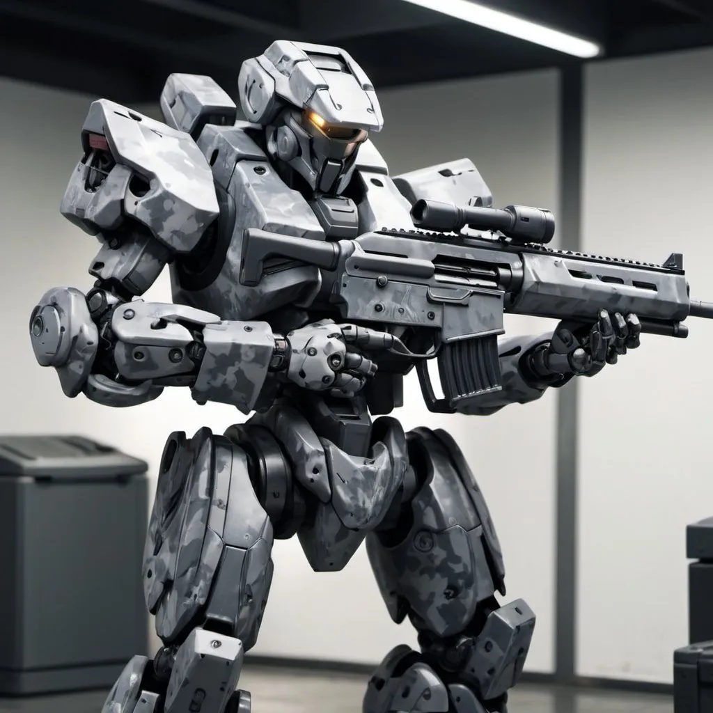 Grey camouflage mecha holding shotgun guarding check...