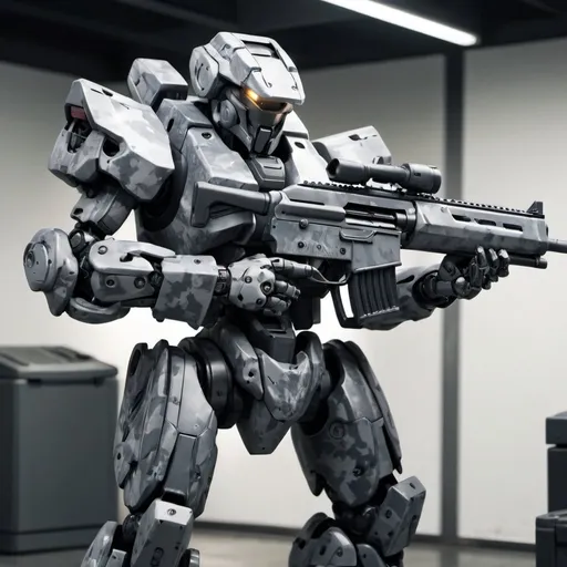 Prompt: Grey camouflage mecha holding shotgun guarding check point 