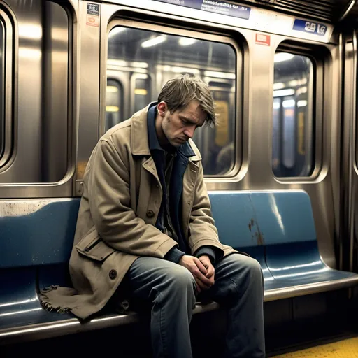 Prompt: (lonely depressed man sitting), NYC subway train, dim lighting, melancholic ambiance, worn-out train interior, faded advertisements in the background, reflections in the window conveying isolation, somber expression, unkempt clothing, such as a frayed coat, emotional depth, muted colors, blue and gray tones, capturing the essence of urban solitude, HD, ultra-detailed scene.