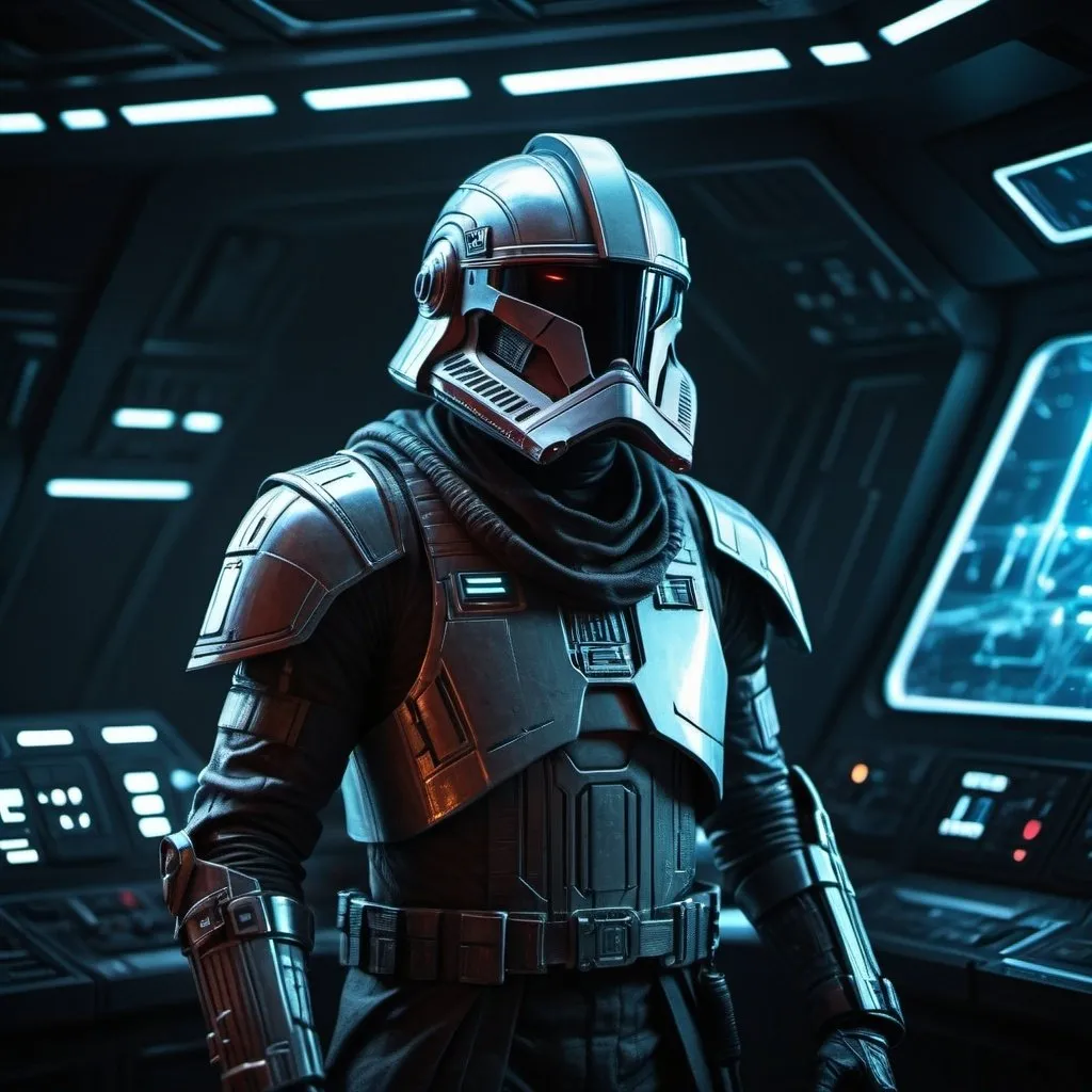 Prompt: Captain Enoch on the Star Destroyer, sci-fi digital rendering, futuristic technology, dramatic lighting, intense and focused gaze, metal and neon accents, high quality, detailed armor, epic space setting, cyberpunk, cool tones, atmospheric lighting, 4k, ultra-detailed, sci-fi, dramatic, futuristic, intense gaze, metal and neon, space setting