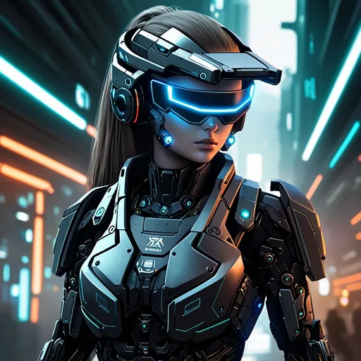 Prompt: Futuristic female bounty hunter, heavily armed, cybernetic enhancements, advanced weaponry, sleek and modern armor, intense and focused gaze, high-tech visor, detailed facial features, sci-fi, cyberpunk, action-packed, highres, ultra-detailed, professional, atmospheric lighting