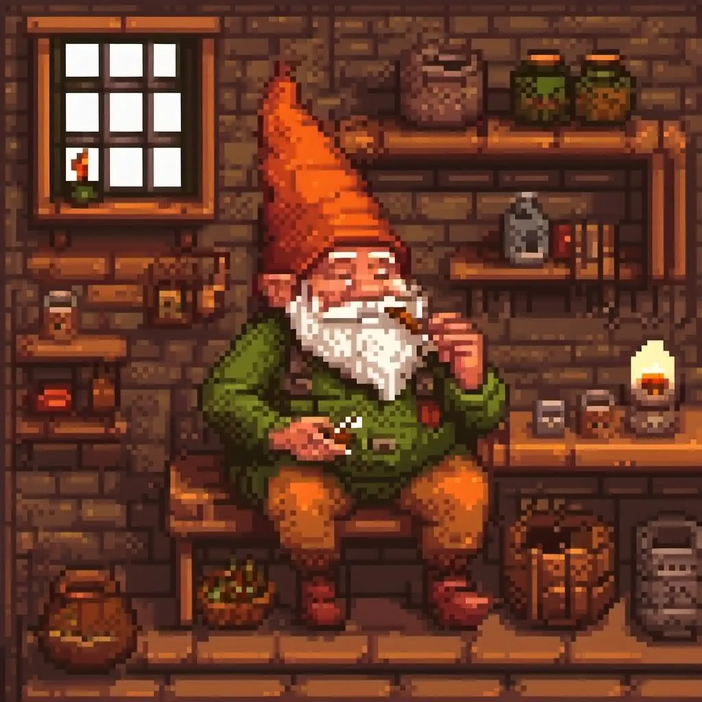 Prompt: Gnome smoking a pipe in cozy home, digital painting, warm and inviting atmosphere, detailed beard and wrinkles, high quality, detailed, cozy, digital painting, warm tones, soft lighting, homely