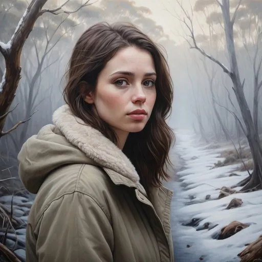 Prompt: Beautiful, pale brunette woman, Australian bush, winter, lonely, detailed, highres, realistic, oil painting, natural lighting, cool tones, misty atmosphere
