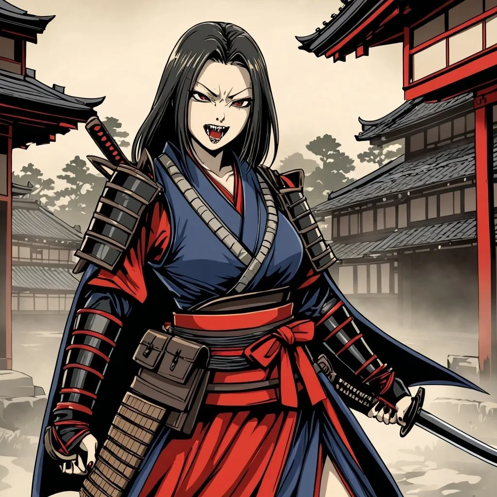 Prompt: Female samurai vampire bounty hunter medieval Japan 