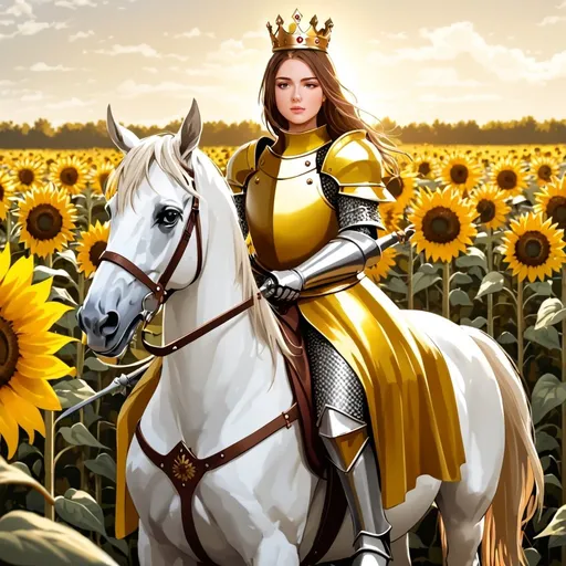 Prompt: Female knight wearing crown with long brown hair and eyes wearing yellow armour wearing sword on waist riding white horse in sunflower field 