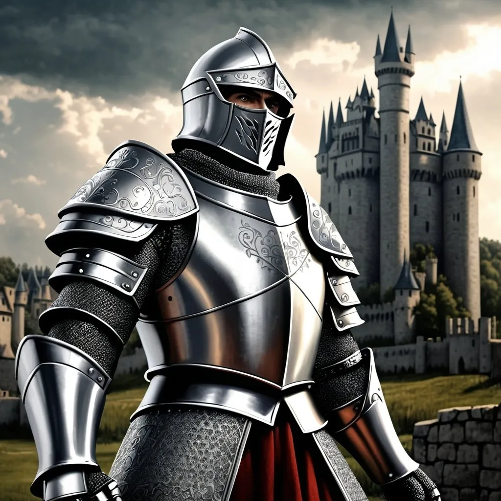 Prompt: Silver Sable in medieval knight armor, carrying sword, detailed medieval castle backdrop, high quality, realistic, medieval fantasy, silver armor, intricate details, heroic stance, dramatic lighting, medieval setting, professional