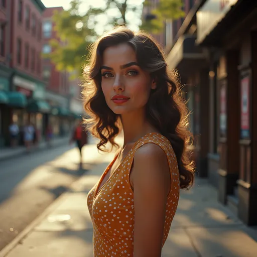 Prompt: Envision a beautiful young conservative Italian woman, dressed in a classic 1950s outfit — perhaps a fitted, polka-dot dress that complements her grace, with her hair elegantly styled in soft waves. She stands on a bustling Bronx street, surrounded by vintage brick buildings adorned with colorful storefronts. The warm afternoon sun casts a golden glow, creating soft shadows that dance on the pavement. In her eyes, there’s a blend of hope and determination, as she gazes thoughtfully toward the future. A subtle breeze rustles the leaves of nearby trees, adding a touch of nostalgia to the scene. Capture this moment in rich, cinematic lighting, reminiscent of mid-century film stills, evoking a sense of longing and promise in a vibrant city atmosphere.