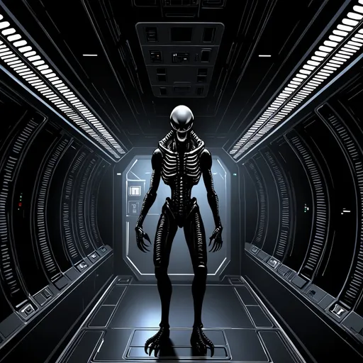 Prompt: Xenomorph with skull face standing in spacecraft corridor 