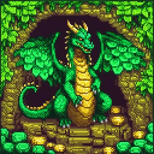 Prompt: Green dragon hoarding gold in a cave, vibrant green scales, shimmering gold treasure, atmospheric lighting, highres, detailed scales, fantasy, dragon, cave, treasure, vibrant green, gold, atmospheric lighting