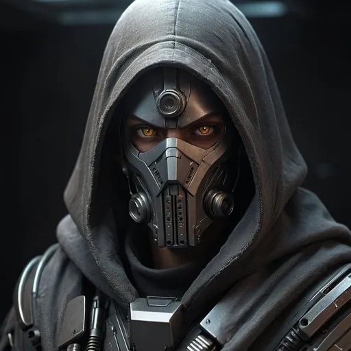 Prompt: Face-morphing bounty hunter in a long cloak, heavy laser gun, detailed facial features, matte 3D rendering, gritty cyberpunk style, dark and moody lighting, futuristic sci-fi, intense gaze, metallic textures, detailed cloak, highres, cyberpunk, matte finish, detailed eyes, bounty hunter, futuristic, heavy laser gun, gritty, facial morphing, professional lighting