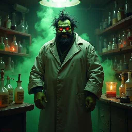 Prompt: In a dimly lit, cluttered laboratory filled with bubbling potions and scattered scientific equipment, stands a grotesque figure—an evil middle-aged doctor, his heavyset frame draped in a stained lab coat. His sweaty forehead glistens under the flickering overhead light, accentuating his bespectacled eyes that glow a menacing red. A wild tuft of dyed black hair juts from his head, while his goatee, unkempt and greasy, adds to his menacing charm. Around him, the air is thick with a pungent aroma, hinting at recent foul concoctions—and indeed, a mischievous grin reveals yellowed teeth. The doctor’s green skin is mottled with various pimples, presenting a stark contrast against the dark shadows of the lab, and as he stands triumphantly, waves of putrid green gas swirl around him, inviting unease. This scene would be perfect as dark fantasy concept art.