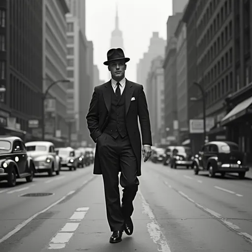 Prompt: Man in suit walking down street in NYC 1920s