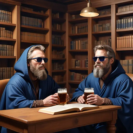 Prompt: (ultra-detailed) image of two middle-aged men, one with (long brown hair and beard), the other with (stubble and short hair), dressed in (dark blue hoods and robes), wearing (sunglasses), leisurely drinking (beer) while sitting in a cozy office setting. The backdrop features (wooden bookshelves) brimming with (old books), exuding a relaxed and sophisticated ambiance, complemented by (warm lighting) highlighting the scene.