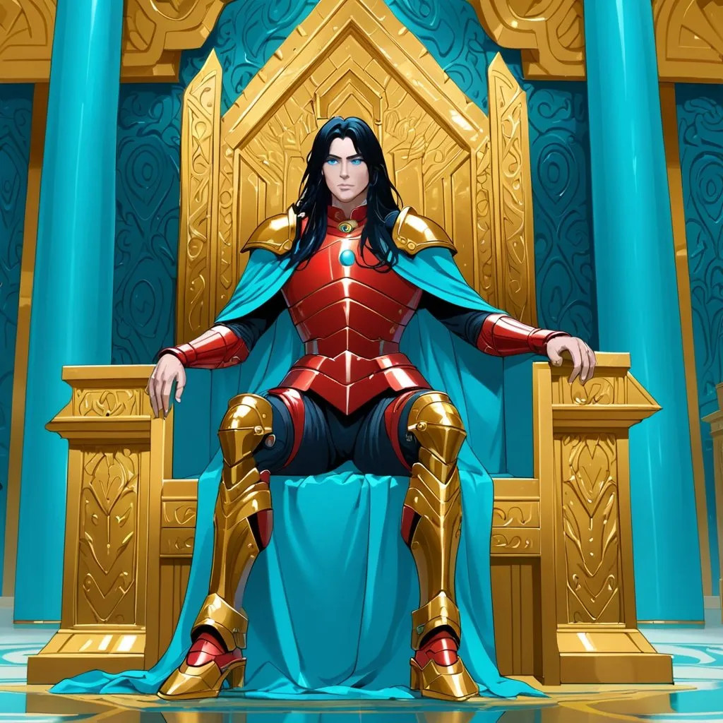 Prompt: Transgender giant with long black hair blue eyes red body armour blue cape golden pistol on side inside turquoise throne room 