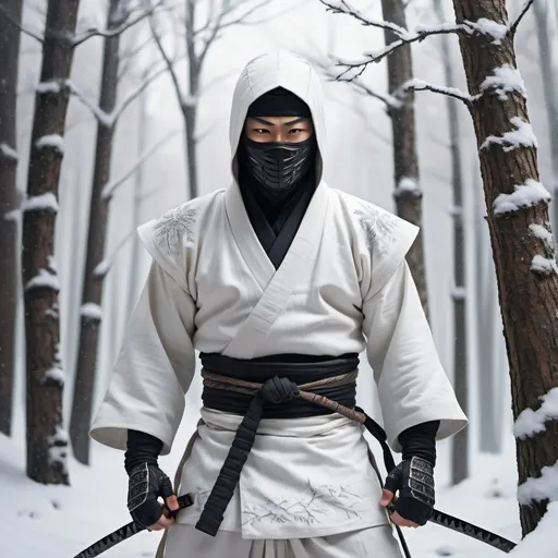 Prompt: Ninja in winter forest, snowy landscape, traditional Japanese setting, detailed white costume with fabric texture, stealthy demeanor, intense gaze, high quality, realistic, traditional art style, cool tones, atmospheric lighting, snowy trees, detailed snowflakes, professional