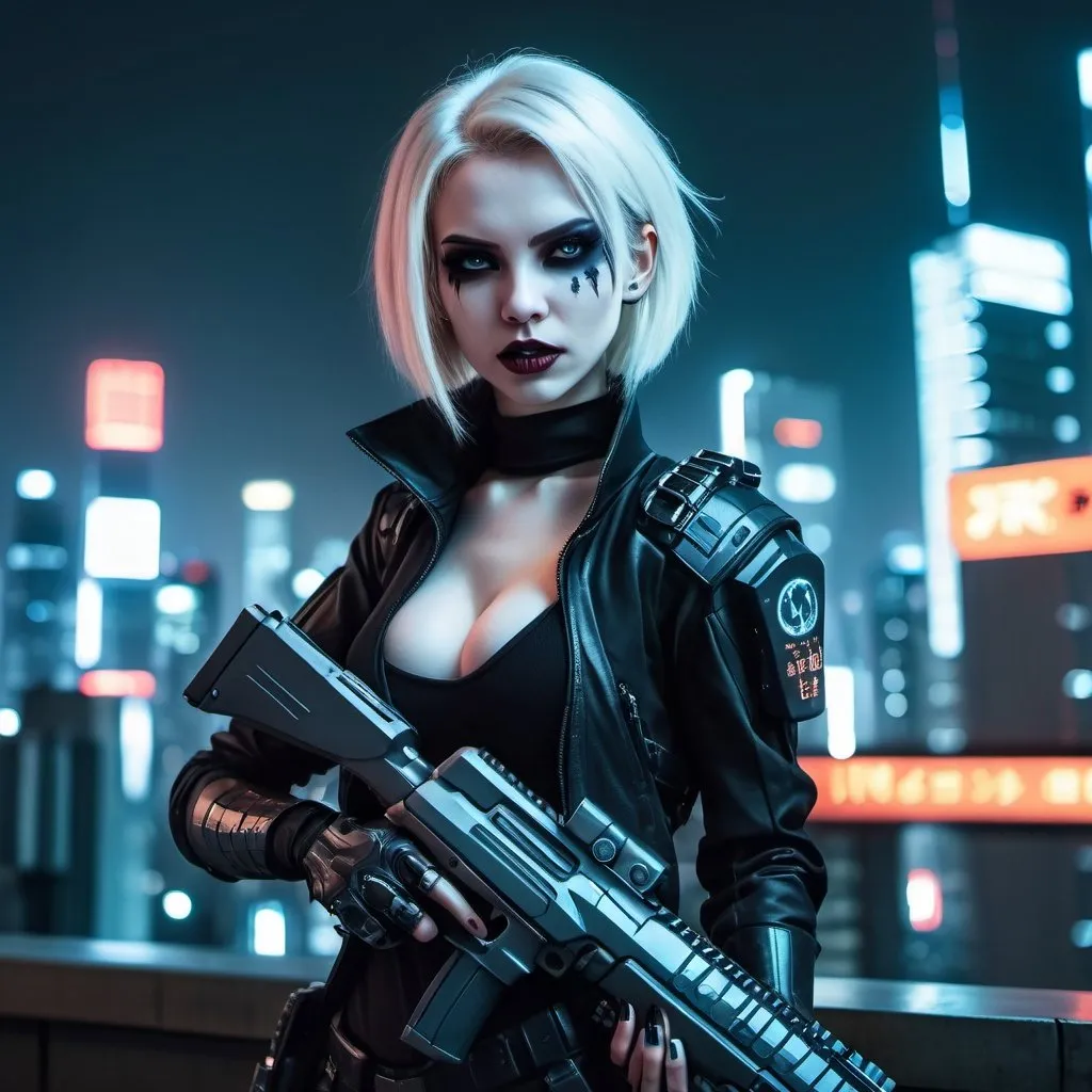 Prompt: Female futuristic vampire bounty hunter, pale skin with sharp fangs, carrying a futuristic gun, Tokyo night cityscape in the background, high-tech cyberpunk atmosphere, detailed eyes, sleek design, professional, cool tones, sci-fi, cyberpunk, intense and focused gaze, city lights casting a cool glow, best quality, highres, ultra-detailed