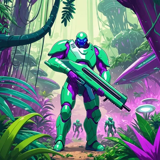 Prompt: Giant man with green hair blue eyes wearing light green body armour carrying futuristic shotgun in purple alien jungle 