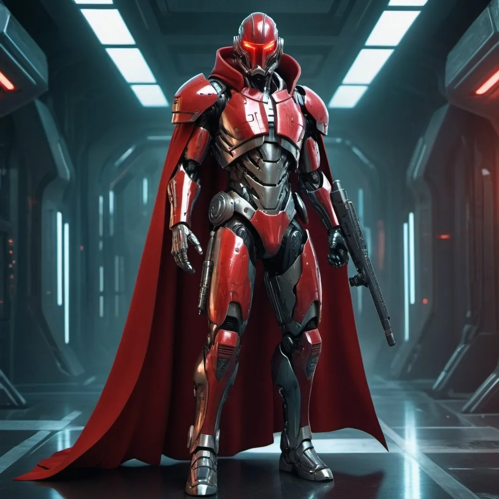 Prompt: Cyborg bounty hunter with long red cape, futuristic utopian setting, long laser rifle, high-tech cybernetic enhancements, imposing stance, sleek metallic armor, atmospheric lighting, intense and focused gaze, professional, sci-fi, utopian, cool tones, detailed design, best quality, highres, ultra-detailed