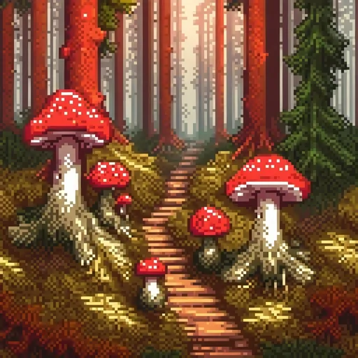 Prompt: 3D Rendering of towering toadstools in a pine forest, vibrant red and white mushrooms, dappled sunlight filtering through the trees, high quality, realistic, fantasy, earthy tones, soft and warm lighting