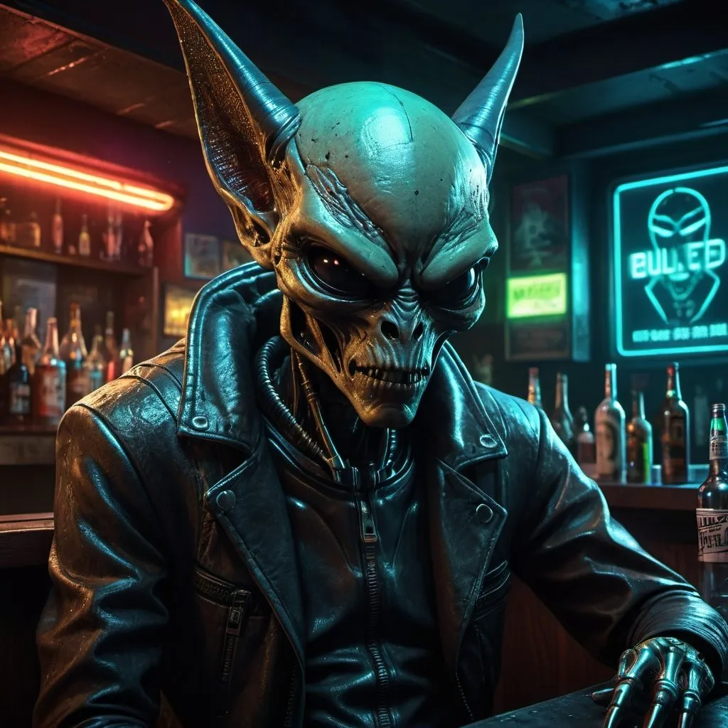 Prompt: Criminal alien with a bat's head in a seedy futuristic bar, gritty and dark atmosphere, detailed alien features, cyberpunk, neon lighting, intense and ominous vibe, highres, ultra-detailed, futuristic, gritty, cyberpunk, detailed alien features, bat's head, seedy bar, neon lighting, intense atmosphere