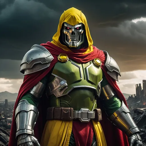 Prompt: (Dramatic portrayal of Dr. Doom), adorned in (bold red and bright yellow armor), with intricate detailing, exuding an imposing presence. The backdrop features a desolate, battle-scarred landscape with ominous clouds looming overhead, saturated with vibrant tones. A dynamic and fierce atmosphere captures the essence of power and menace. (Ultra-detailed, 4K) quality.