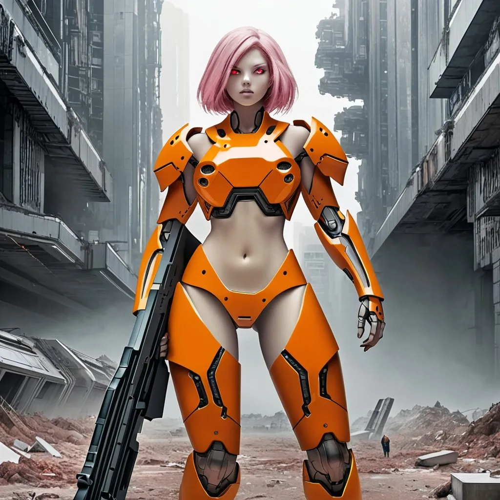 Prompt: Giant woman with pink hair yellow skin and red eyes wearing orange body armour holding futuristic rifle in dystopian setting 