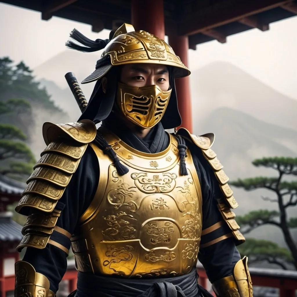 Prompt: Ninja in golden armor at mountain temple, ancient Japanese architecture, misty atmosphere, detailed armor with intricate engravings, intense and focused gaze, dramatic lighting, high-quality, detailed, ancient, Japanese, misty, detailed armor, intense gaze, dramatic lighting