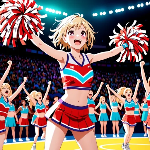 Prompt: Tall pretty flat-chested femboy cheerleader in dynamic cheer pose, vibrant team colors, cheering passionately, basketball game action in the background, energetic crowd, (brightly lit arena), enthusiastic vibe, (ultra-detailed), (4K), high contrast colors, excitement and joy permeating the scene, capturing the essence of sports enthusiasm.