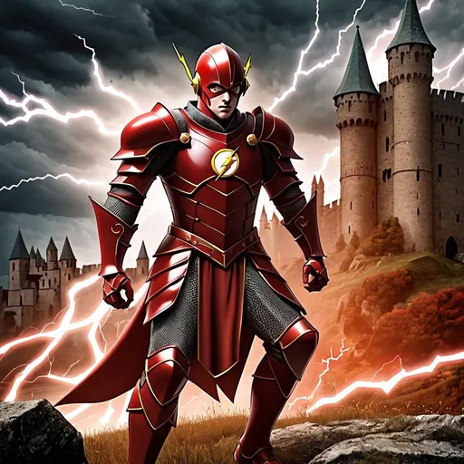 Prompt: The Flash as a knight in red armor, medieval setting, detailed armor with intricate designs, heroic pose, high quality, medieval, superhero, detailed lightning symbol, vibrant red tones, epic medieval landscape, dramatic lighting, heroic stance, action-packed scene, heroic, medieval fantasy, dynamic composition