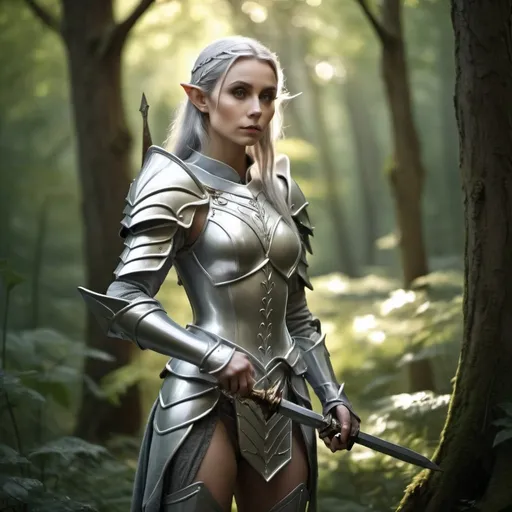 Prompt: Female elf in silver armor, holding sword, lush forest setting, high quality, fantasy, detailed armor, elegant posture, enchanting, woodland, mystical, silver tones, atmospheric lighting
