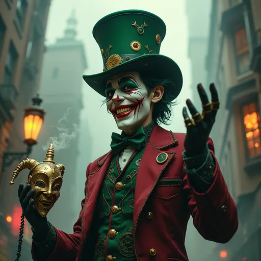 Prompt: Imagine a charismatic Steampunk Joker, clad in a patchwork of rich emerald and deep burgundy fabrics, adorned with brass gears and intricate clockwork embellishments. His gleaming porcelain face is accentuated by sharp, mischievous features, and a wide, unsettling grin painted in vibrant scarlet. The background is a hazy, fog-laden cityscape, with towering cog-laden skyscrapers draped in a soft, golden glow from gas lamps flickering above. Shadows dance unpredictably, creating an atmosphere thick with suspense and manic energy. Wisps of steam rise from antiquated machinery, wrapping around his tall, weathered top hat. His pose is flamboyant, one arm outstretched as if inviting chaos, while a cascading mechanical jester mask floats beside him, reflecting the eclectic world he inhabits. The style should be dark fantasy concept art, channeling both whimsy and menace.