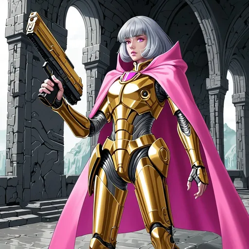 Prompt: Transgender giant grey hair pink eyes pink cape golden body armour wearing futuristic pistol in holster in ancient alien castle 