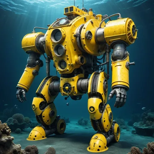 Prompt: Giant yellow deep-sea rescue diver mech, undersea environment, detailed hydraulic joints, rusty metal texture, oceanic depths, high quality, realistic 3D rendering, futuristic, cool tones, dramatic underwater lighting, massive scale, detailed machinery, intense atmosphere