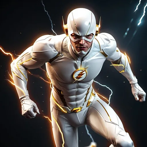 Prompt: The Flash in white uniform running through dimensions, high quality, digital illustration, lightning effects, speed lines, dynamic pose, vibrant colors, futuristic cosmic atmosphere, ultra-detailed, professional, energetic lighting, superhero, sci-fi, white uniform, lightning effects, dynamic pose, vibrant colors, futuristic, cosmic atmosphere