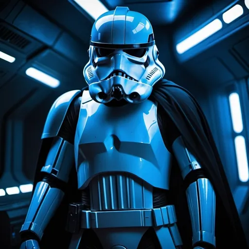 Prompt: Blue storm trooper with long black cape, carrying blaster, aboard Star Destroyer, futuristic sci-fi setting, high-tech armor, menacing presence, dramatic lighting, highres, sci-fi, futuristic, detailed armor, atmospheric lighting, intense stare, professional