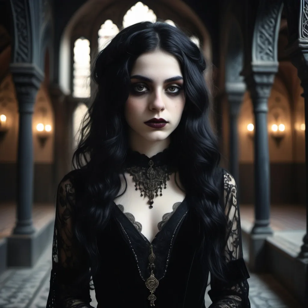 Prompt: (portrait of a 21-year-old transgender woman), (gothic aesthetic), pale skin, long black wavy hair, flat chest, intricate gothic clothing, dark lace and velvet textures, muted colors, rich contrast, mysterious ambiance, detailed background of traditional Persian architecture, moody lighting, high definition, ultra-detailed portrayal.