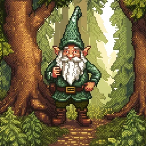 Prompt: Gnome in forest, traditional illustration, whimsical, earthy tones, dappled sunlight, detailed facial features, fantasy, magical, high quality, detailed, traditional, whimsical, earthy tones, dappled sunlight, detailed facial features