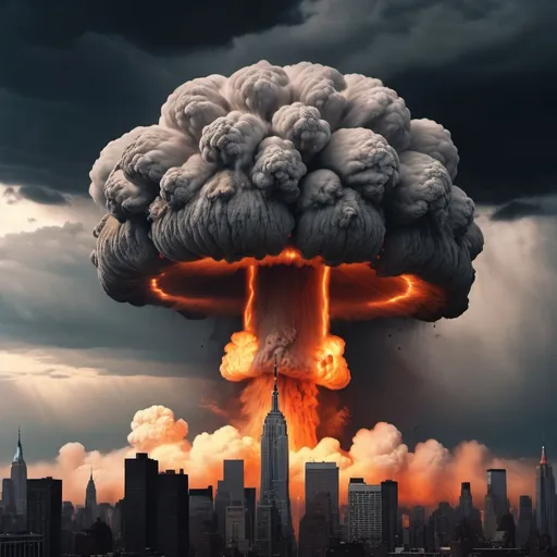 Prompt: (nuclear mushroom cloud), dramatic explosion, ominous atmosphere, chaotic scene, bright flames and smoke, iconic NYC skyline silhouette, high contrast lighting, vivid orange and dark gray tones, apocalyptic backdrop, hauntingly beautiful, captivating yet terrifying, ultra-detailed, 4K quality, cinematic presentation, unsettling energy, grand scale destruction.