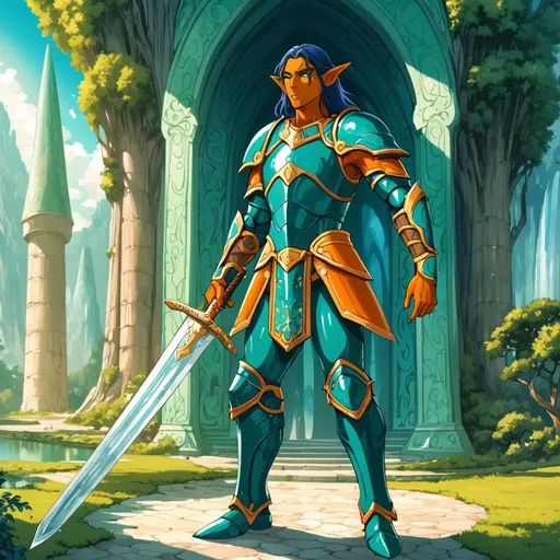 Prompt: Giant man dark blue hair orange skin elf ears green eyes turquoise body armour carrying sword in utopian setting 