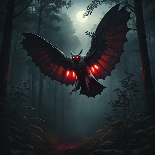 Prompt: Mothman flying above the forest, realistic digital art, eerie atmosphere, dark and mysterious, high quality, detailed wings, glowing red eyes, looming figure, dense foliage below, haunting presence, night setting, forest landscape, moody lighting