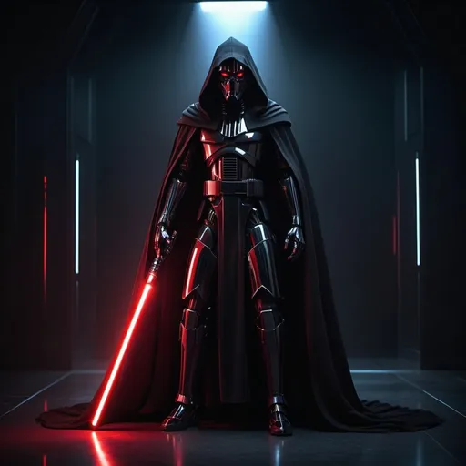 Prompt: (Sith Lord robot), thin metallic figure, (glowing red eyes), black hood and flowing cape, tightly gripping (red lightsaber), set in a dark, futuristic chamber with sleek technology, eerie ambient lighting casting shadows, cold-toned colors, dramatic atmosphere, high-detail 4K quality, suspenseful and menacing mood.