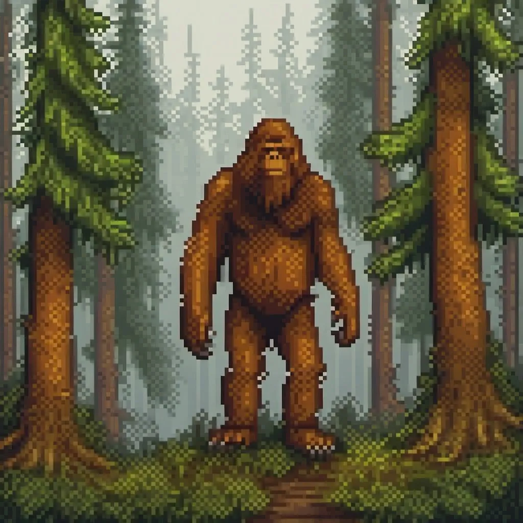Prompt: Sasquatch in a pine forest, realistic oil painting, misty atmosphere, towering pine trees, detailed fur with natural textures, intense and mysterious gaze, realistic rendition, high quality, atmospheric, earthy tones, natural lighting