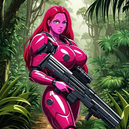 Prompt: Giant woman with red hair hot pink skin green eyes wearing burgundy body armour carrying high tech rifle in jungle setting 