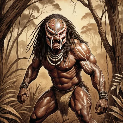 Prompt: Vintage illustration of a predator, Australian aboriginal, bush setting, traditional art medium, rugged and raw style, earthy tones, dramatic lighting, intense action scene, traditional artistic flair, high quality, detailed, vintage style, predator, aboriginal, bush, traditional art, earthy tones, dramatic lighting