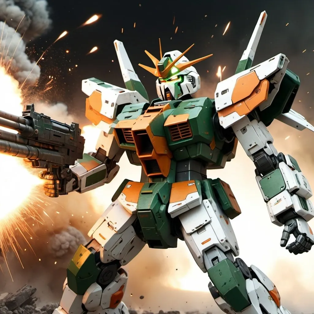 Orange and green Gundam firing heavy machine gun in...